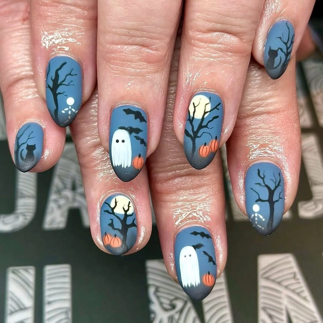 fall nail art ideas 2026 Midnight Halloween Story Nails