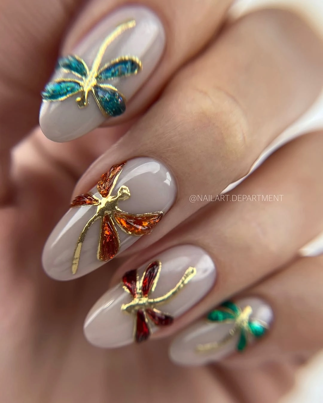 fall nail art ideas 2026 Jewel Toned Dragonflies on Glossy Nude Nails