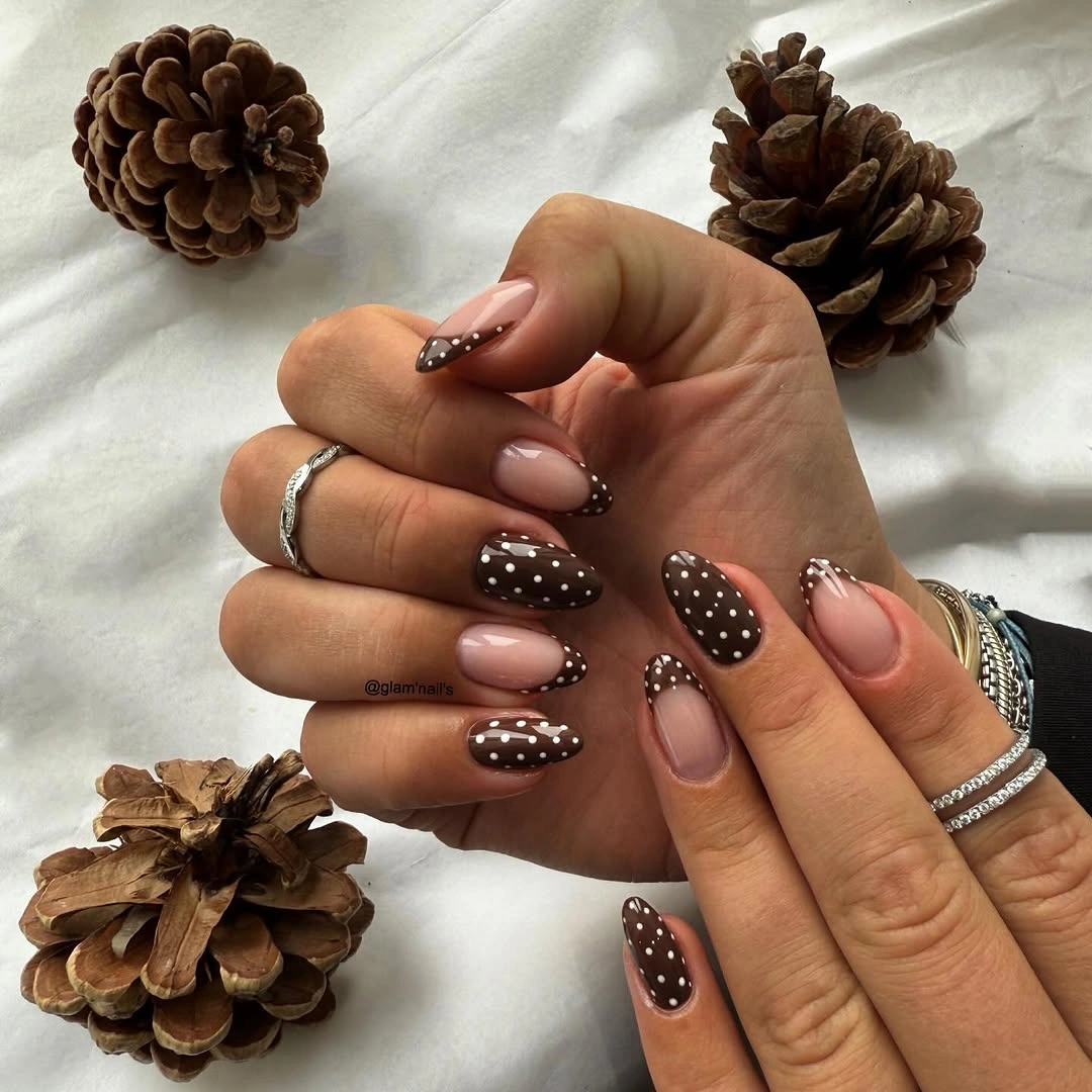 fall nail designs for all skin tones 2026 Chocolate Polka Dot French With A Playful Twist