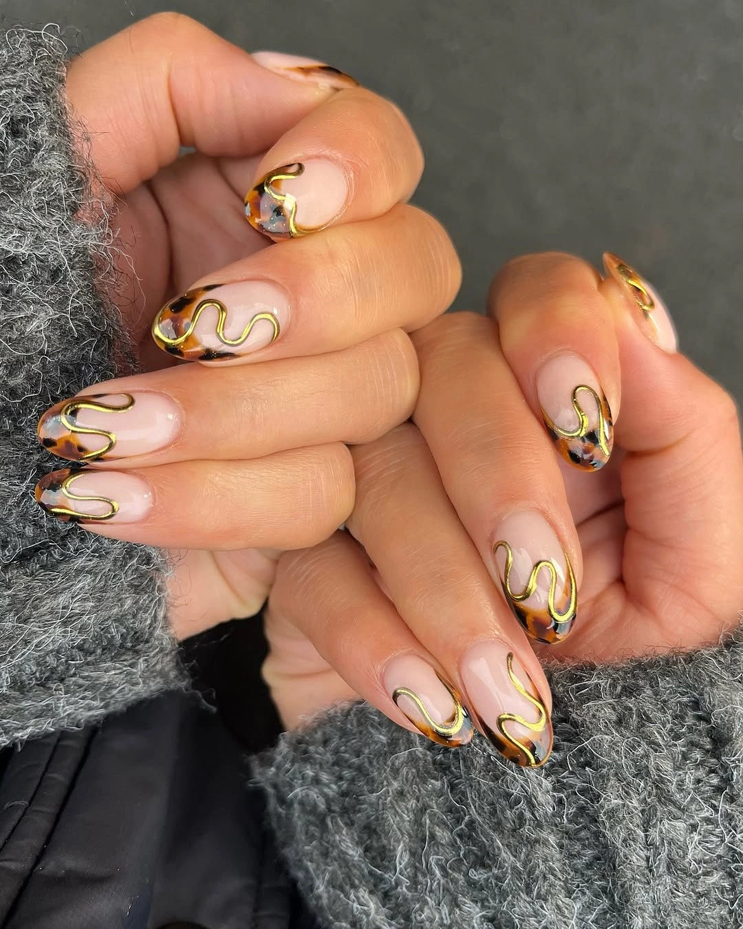 fall nail designs for all skin tones 2026 Modern Tortoiseshell French With Gold Waves