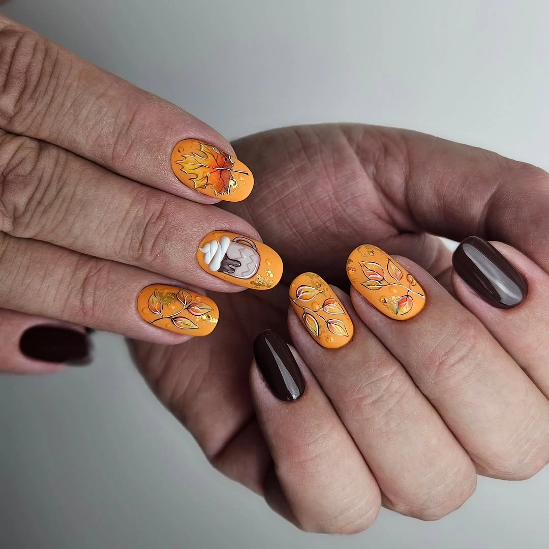 fall nail designs for all skin tones 2026 Warm Pumpkin Botanical Nails