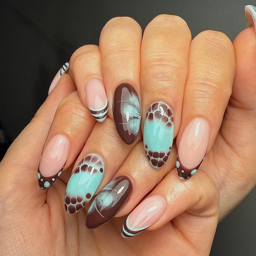 fall nail designs for all skin tones 2026 Chocolate And Aqua Artistic Contrast