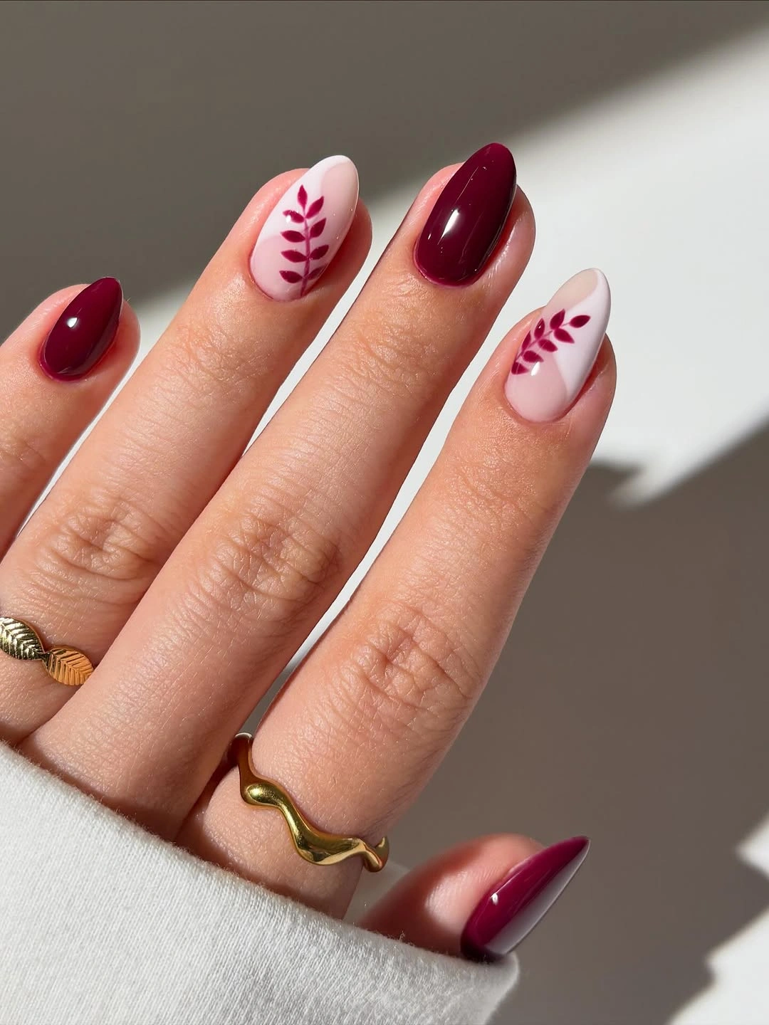 fall nail designs for all skin tones 2026 Minimal Burgundy Botanical Nails