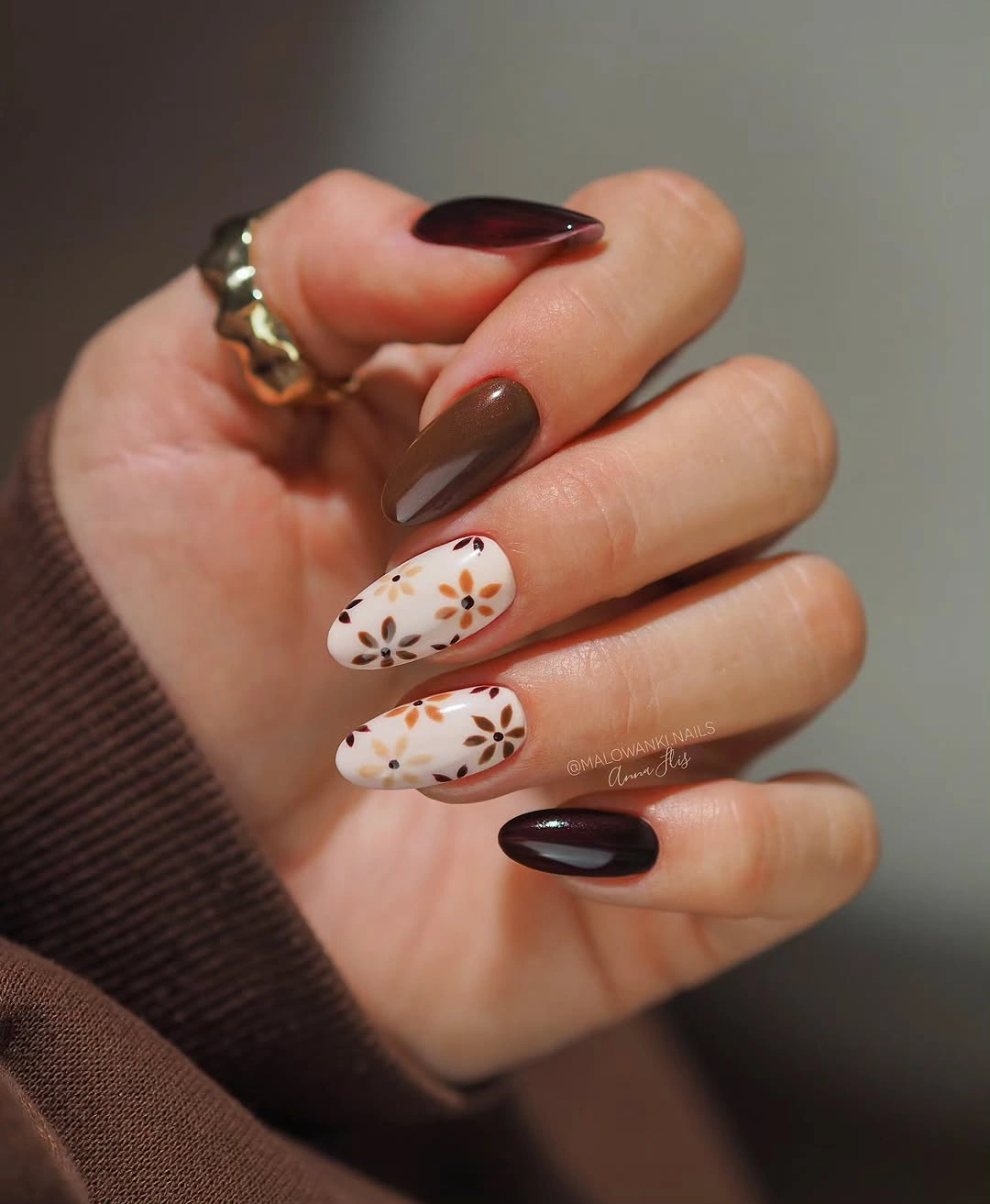 fall nail designs for all skin tones 2026 Soft Floral Coffee Tones