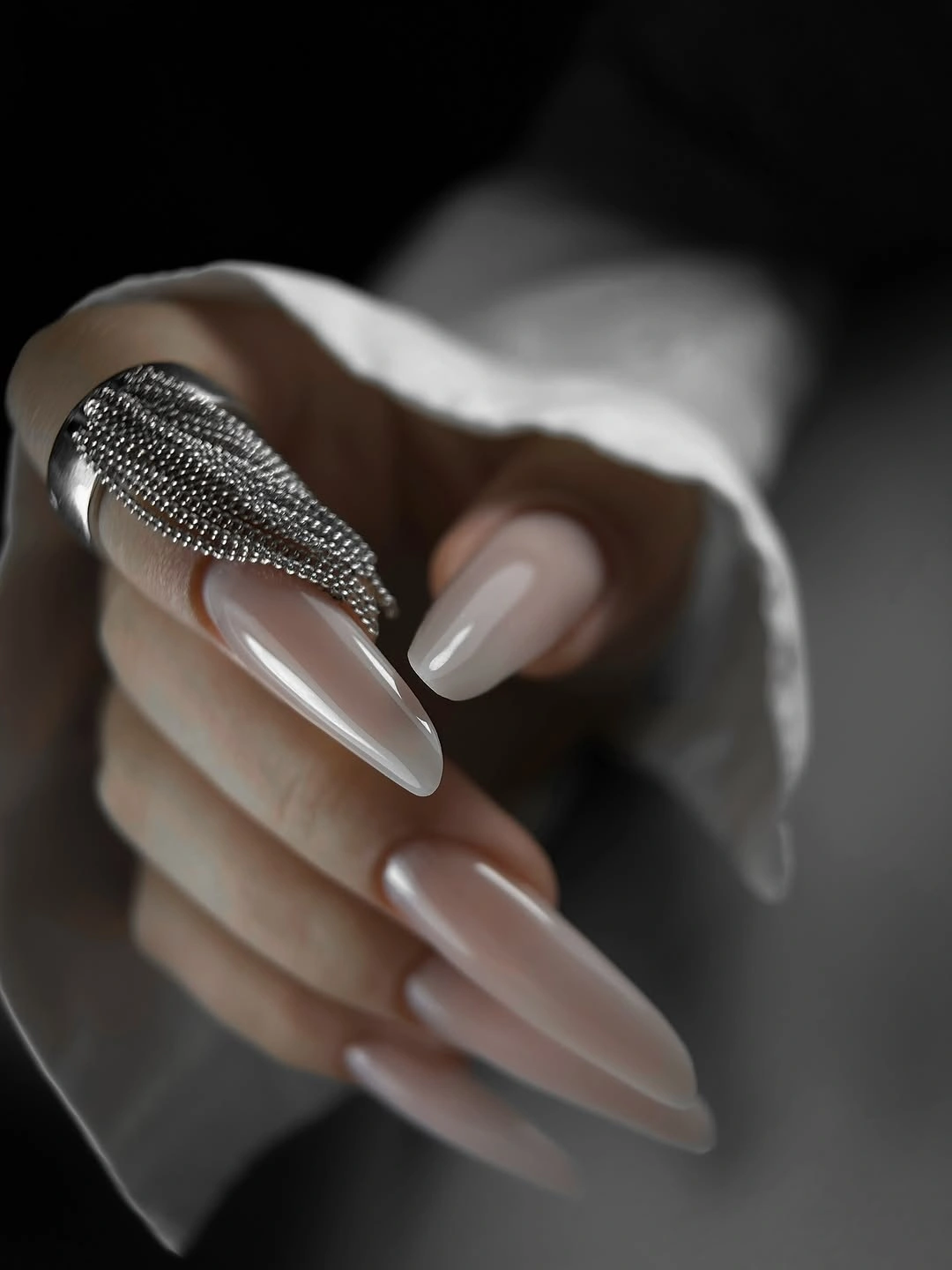 fall nail designs for office 2026 Elegant Nude Almond Nails With Silver Statement Accent