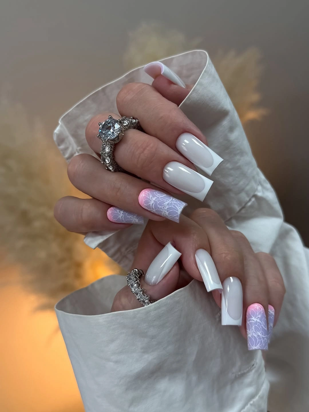 fall nail designs for office 2026 Soft White Ombre With Romantic Floral Details