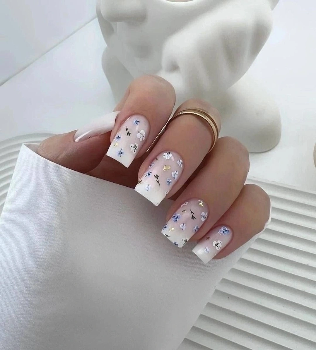 fall nail designs for office 2026 Delicate Botanical Nails With Soft White Fade
