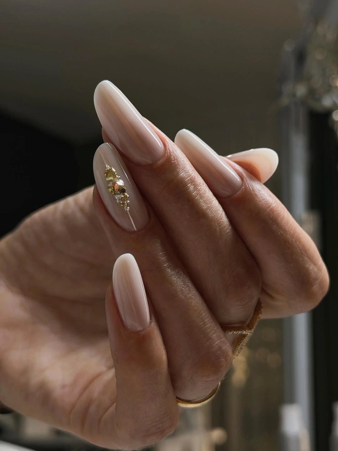 fall nail designs for office 2026 Minimal Nude Almond Nails With Gold Accent
