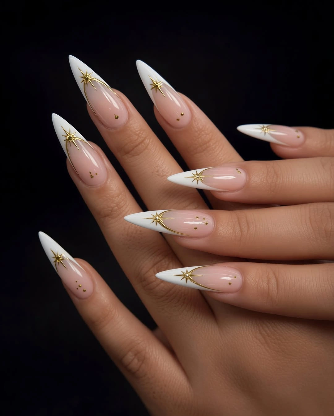 fall nail designs for office 2026 White French Stiletto Nails With Gold Details