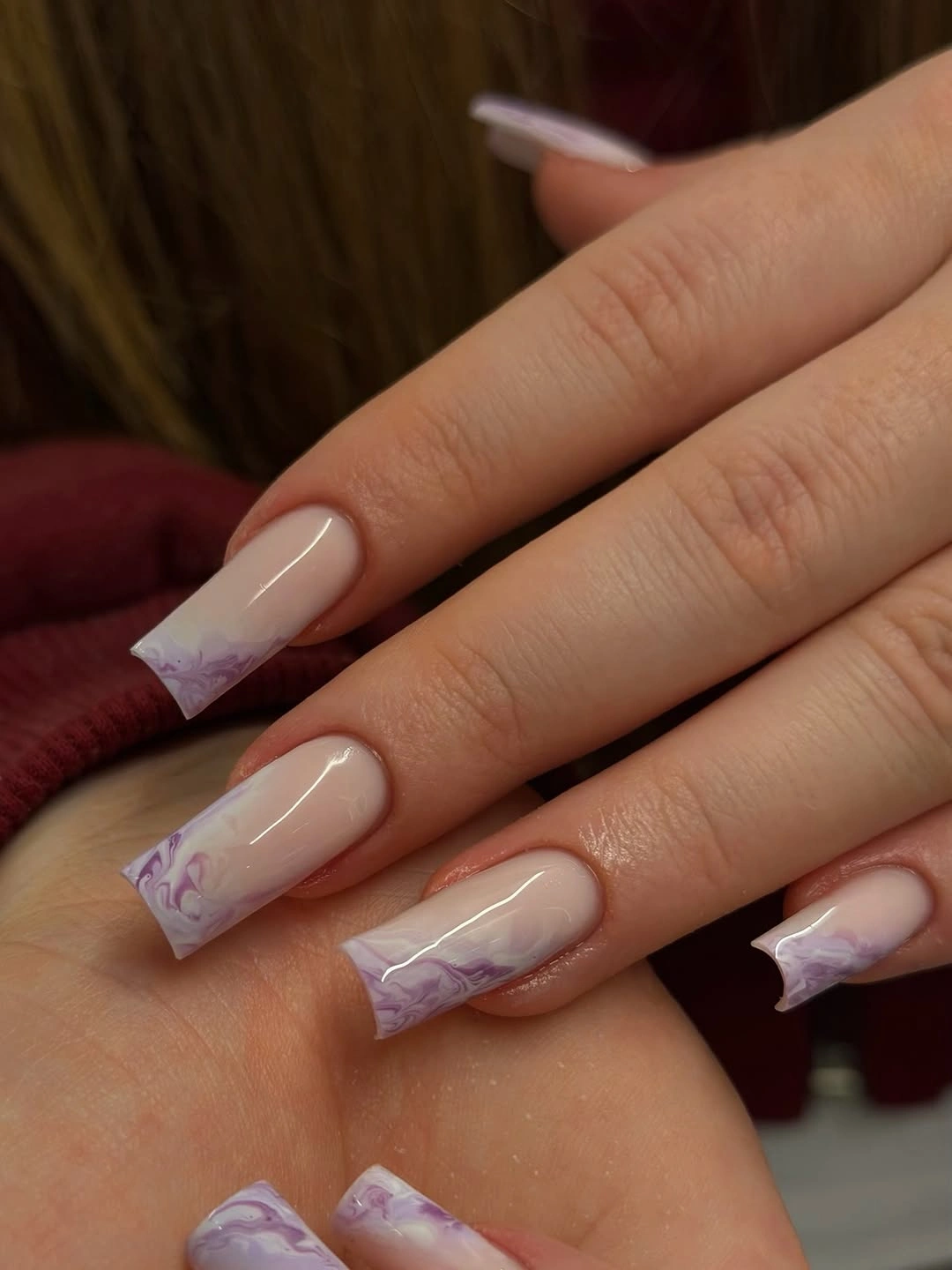 fall nail designs square shape 2026 Soft Lavender Marble Tips