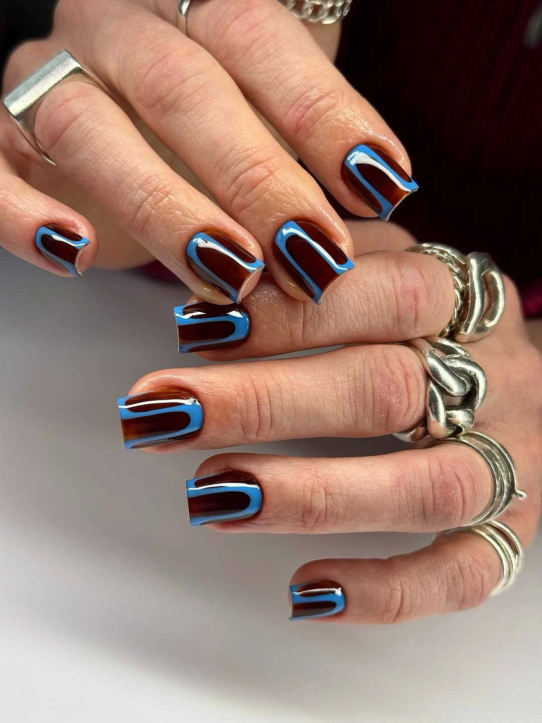 fall nail designs square shape 2026 Chocolate Blue Graphic Lines