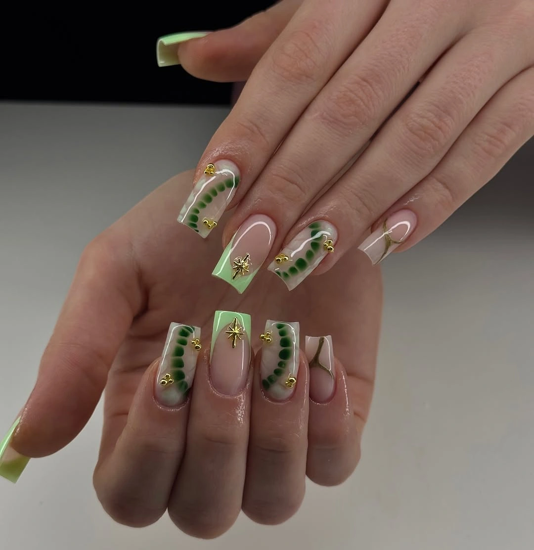 fall nail designs square shape 2026 Fresh Green Botanical Accents