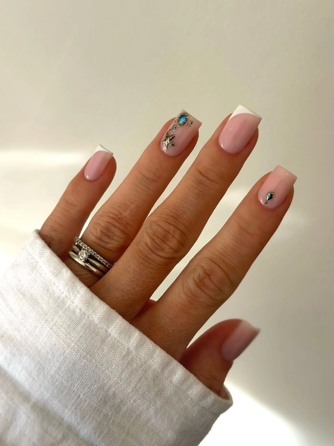 fall nail designs square shape 2026 Minimal French With Jewel Details