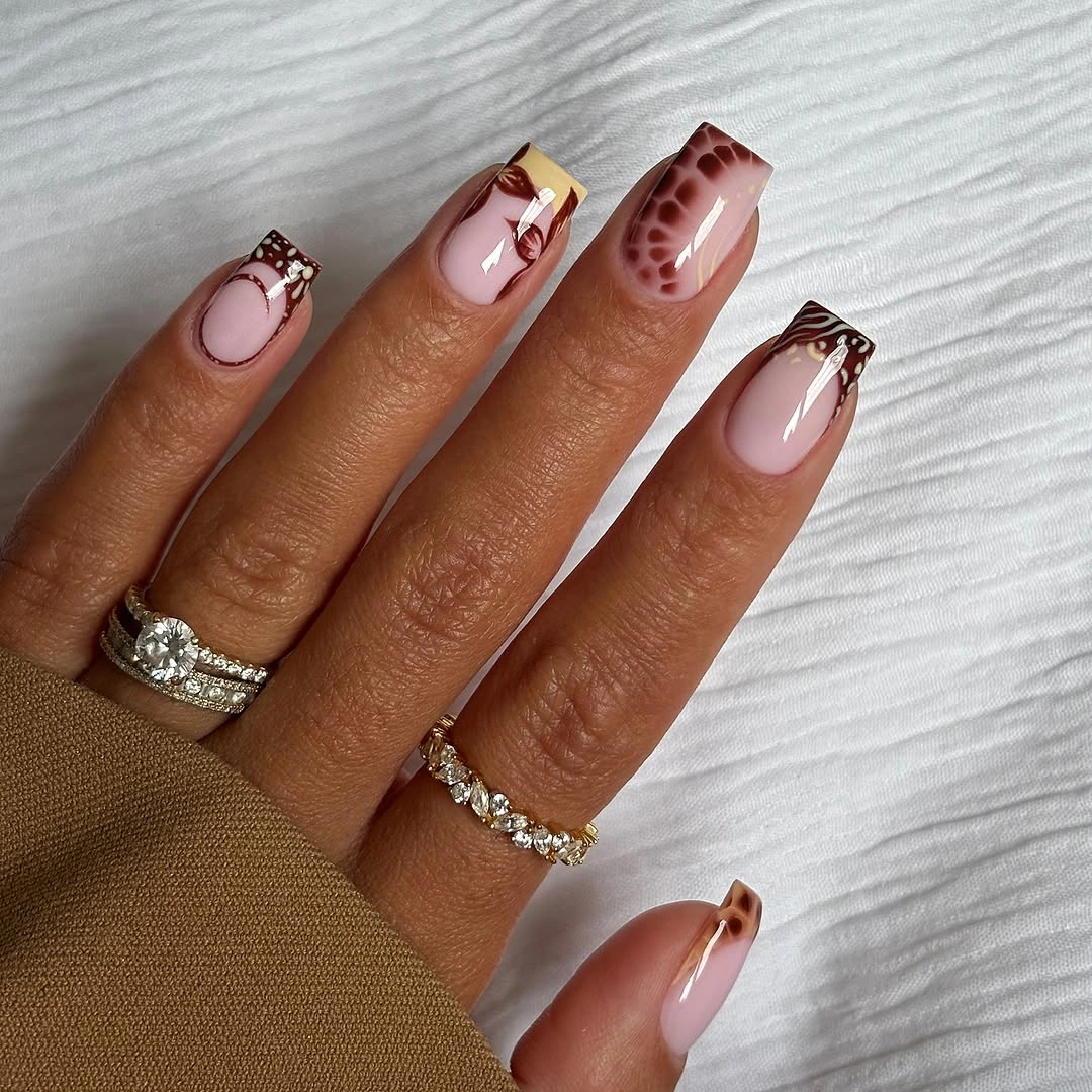 fall nail designs square shape 2026 Chocolate French Tips With Modern Abstract Art