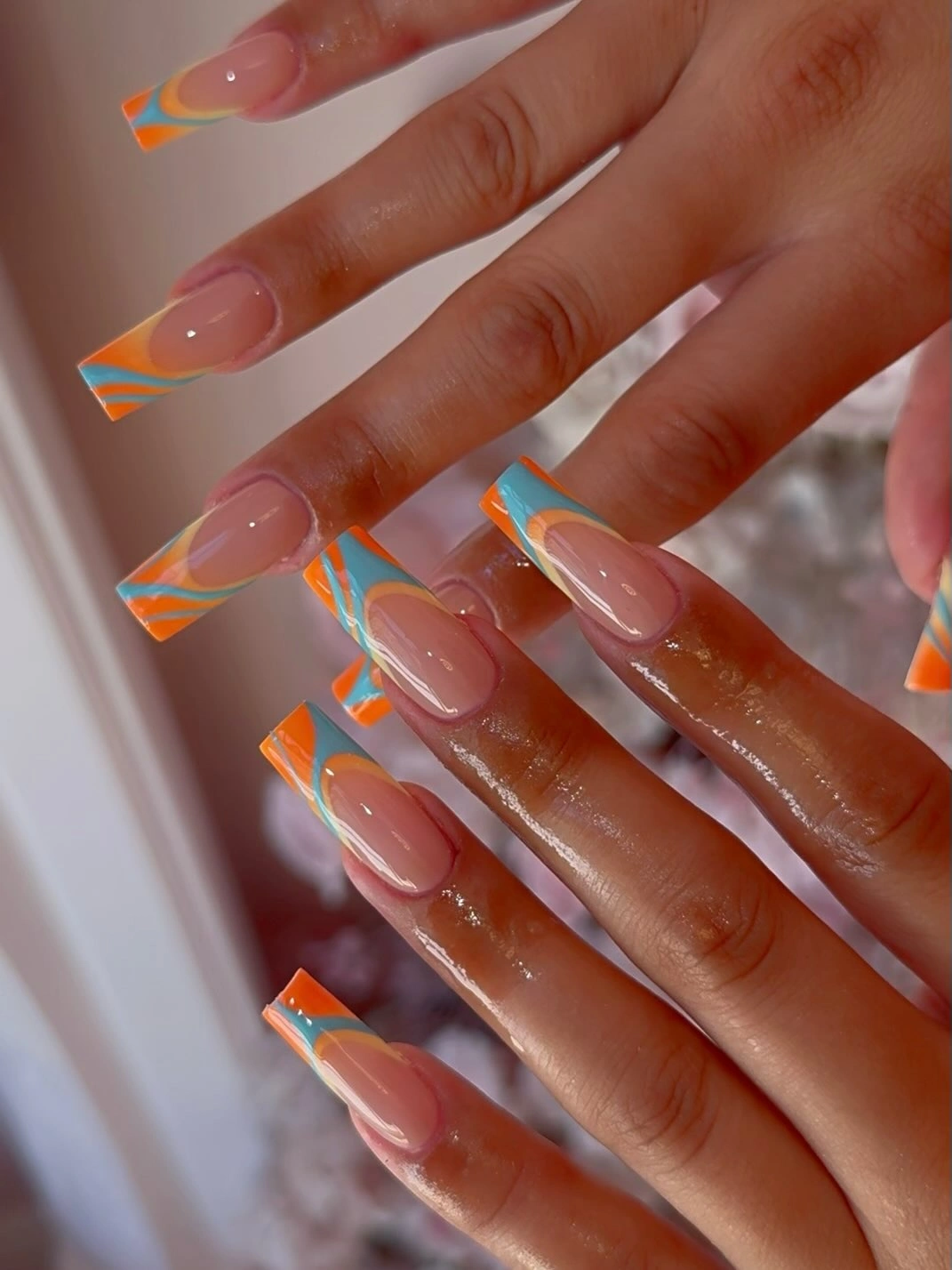 fall nail designs square shape 2026 Sunset Waves On Long Square Nails