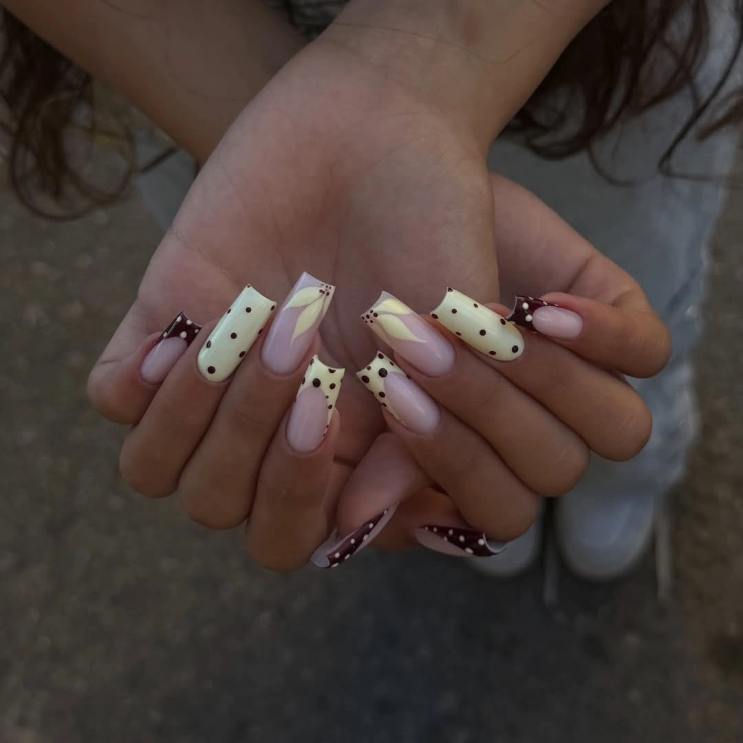 fall nail designs square shape 2026 Chocolate Polka Dot French Revival