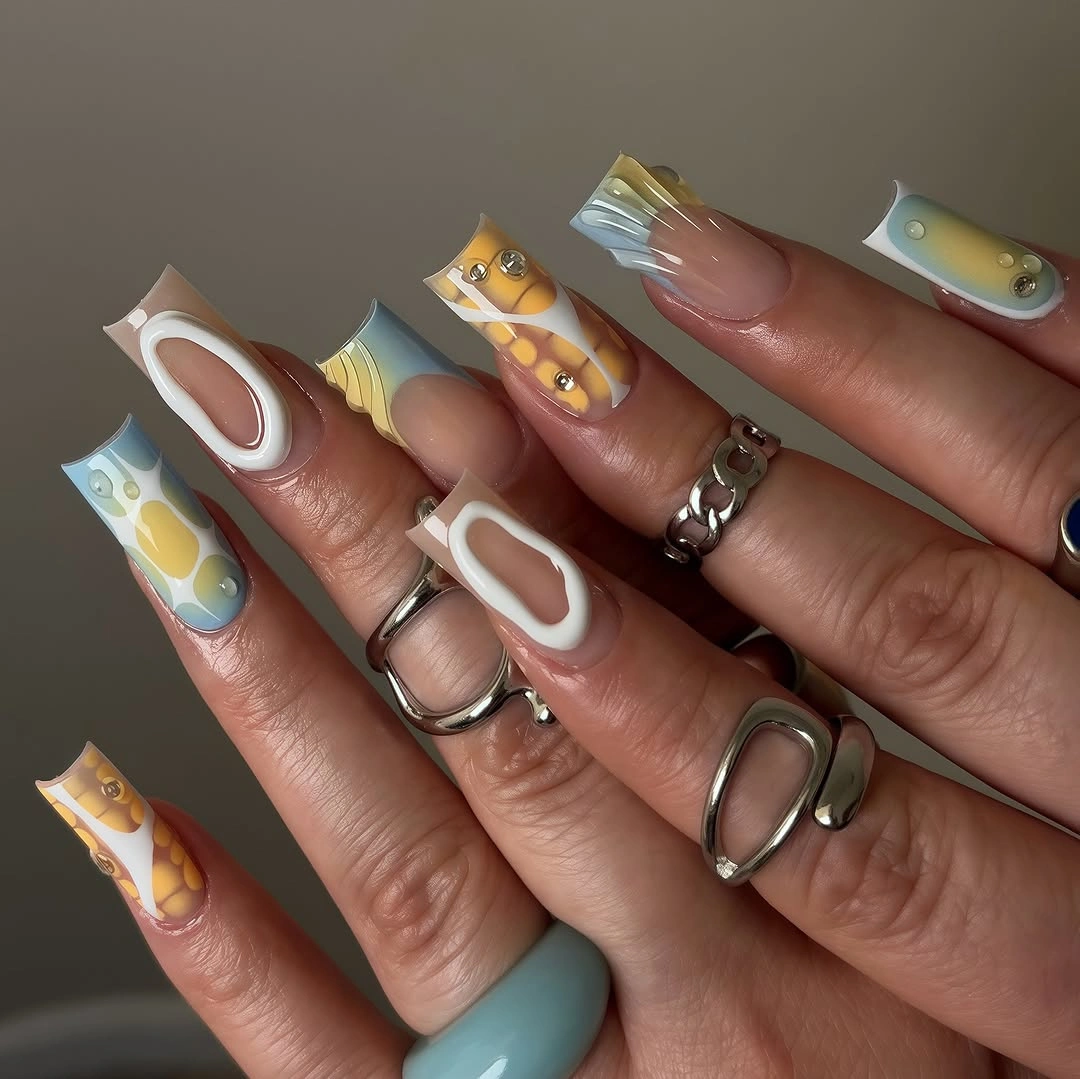 fall nail designs square shape 2026 Retro Blue And Gold Graphic Art