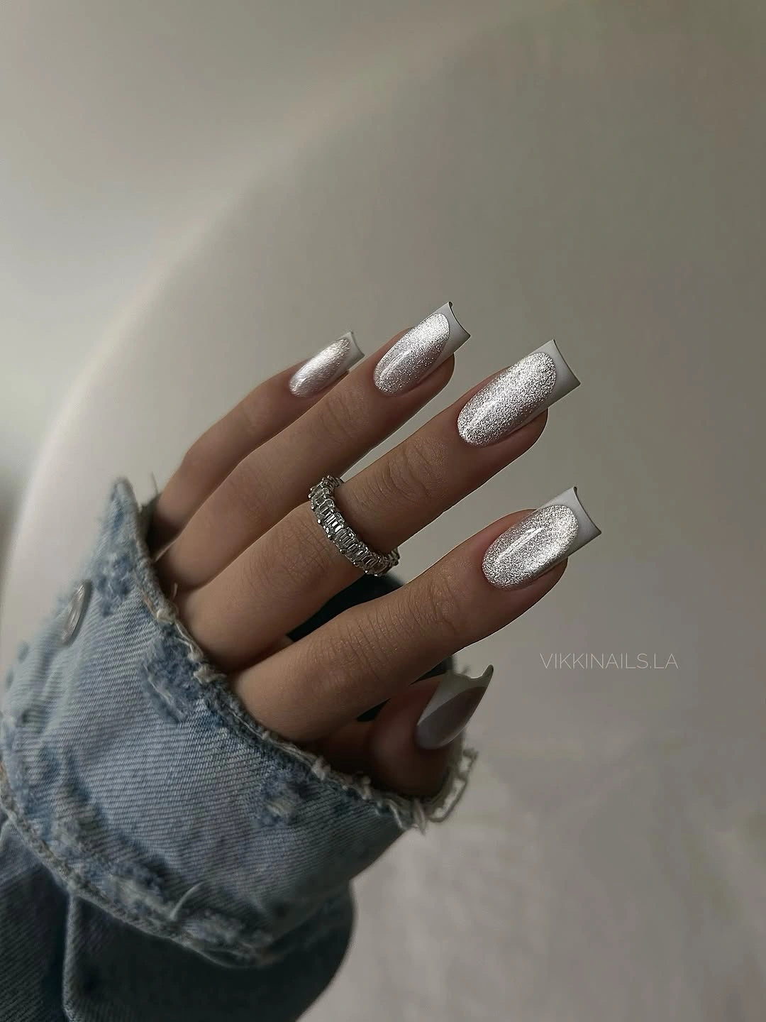 fall nail designs square shape 2026 Silver Chrome Square Glam