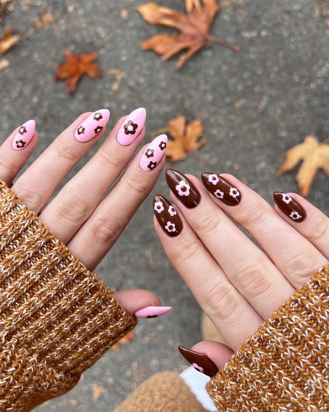 fall nail trends 2026 Pink And Cocoa Floral Contrast
