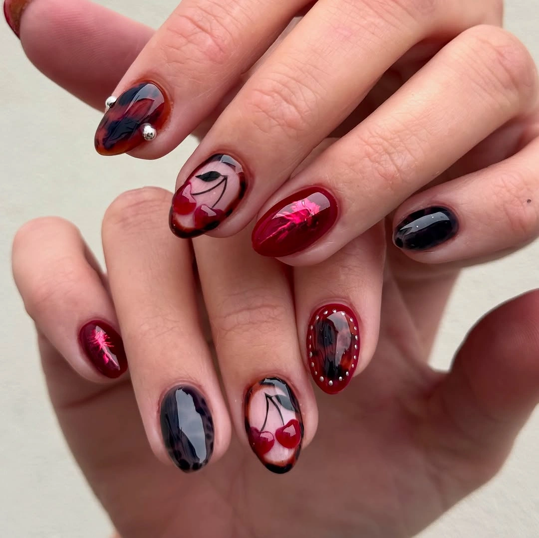 fall nail trends 2026 Dark Cherry Art With Glass Effect