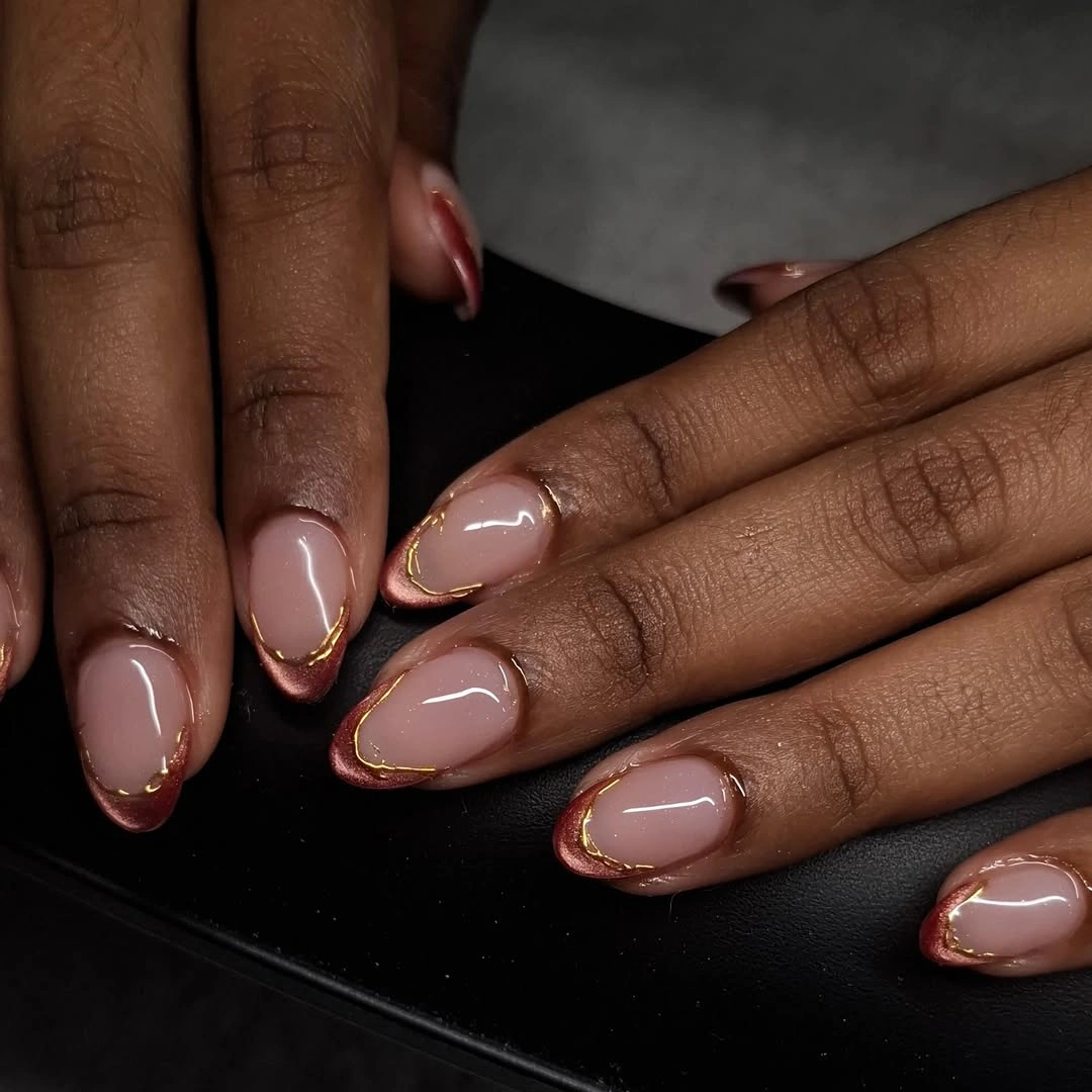 fall nails colors for dark skin Rose Gold French Tips With Fine Gold Edges