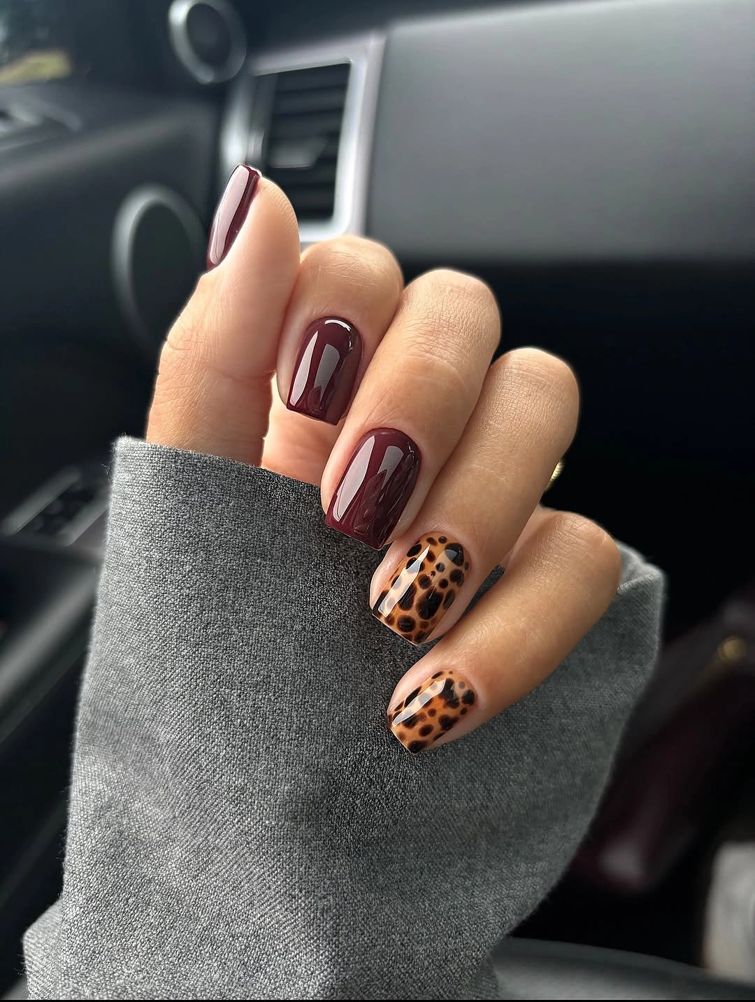 fall nails colors for dark skin Glossy Chocolate Leopard Accent Nails