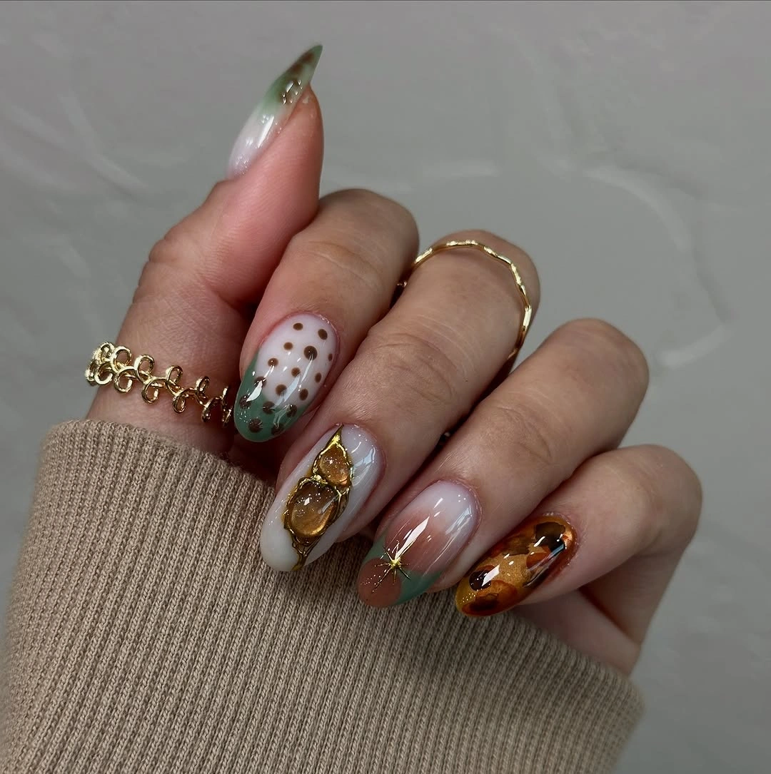 fall nails colors for dark skin Autumn Garden Nails With Olive And Amber Details