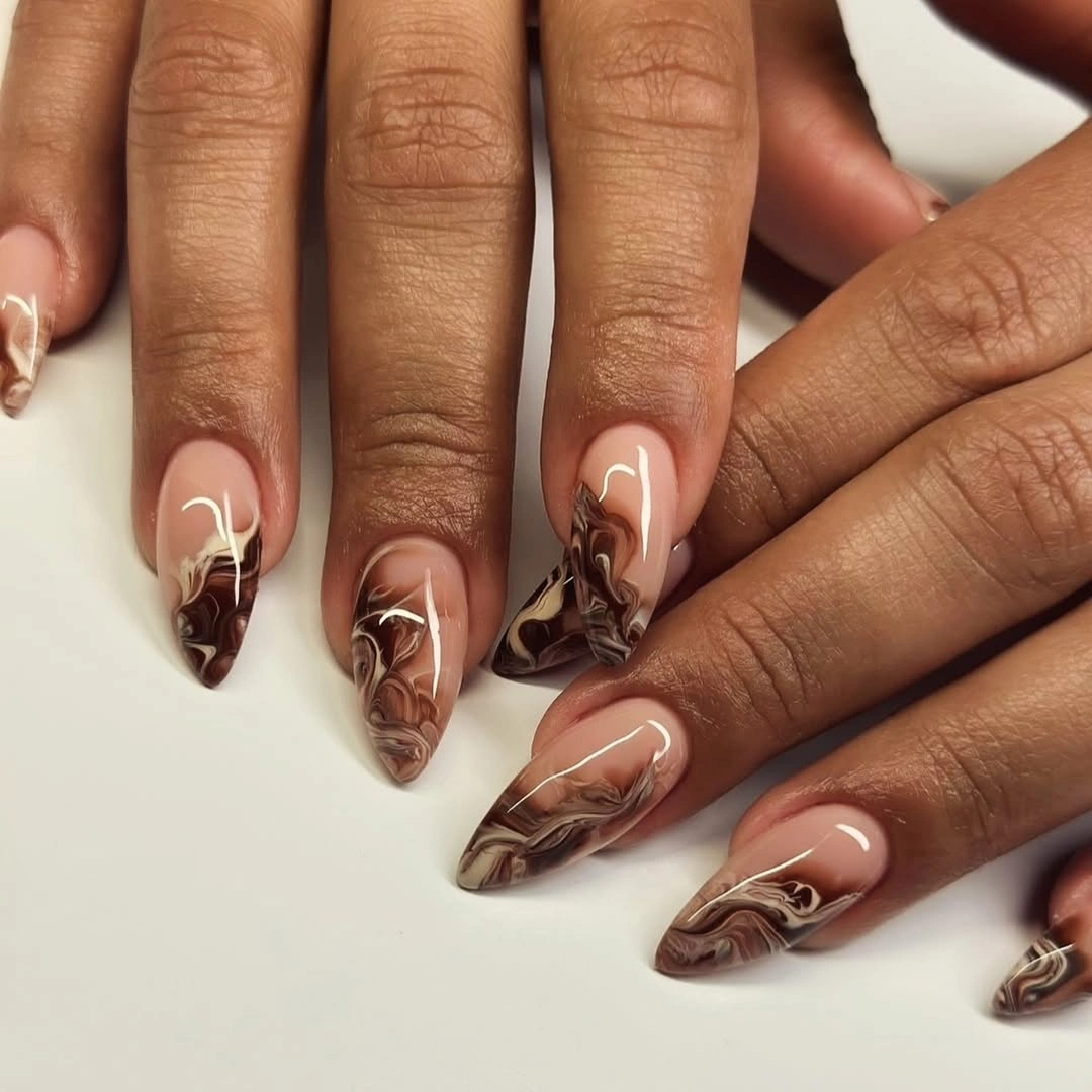 fall nails colors for dark skin Chocolate Marble Almond Nails