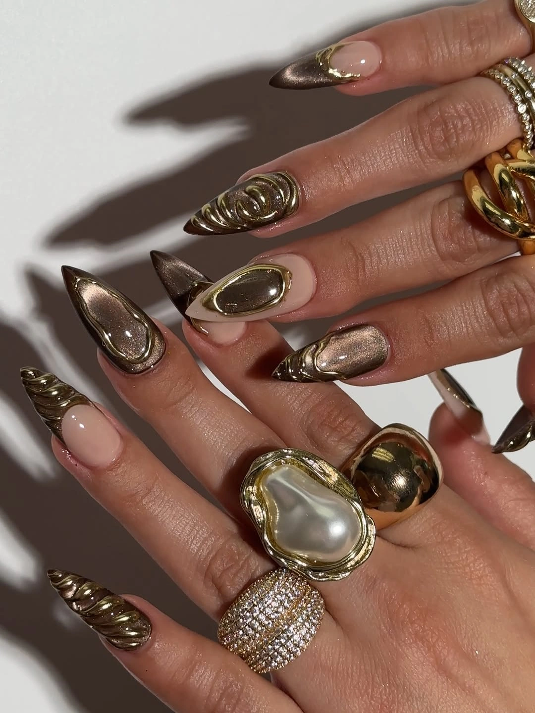 fall nails for brown skin tone Mocha Chrome Almond Nails With Gold Framing