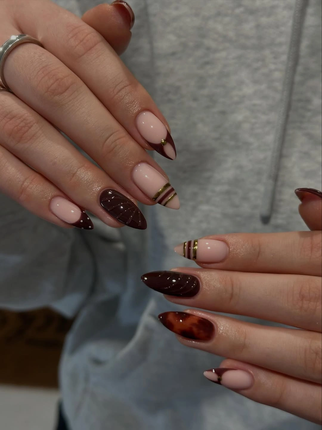 fall nails for brown skin tone Chocolate Almond Nails With Tortoiseshell Accents
