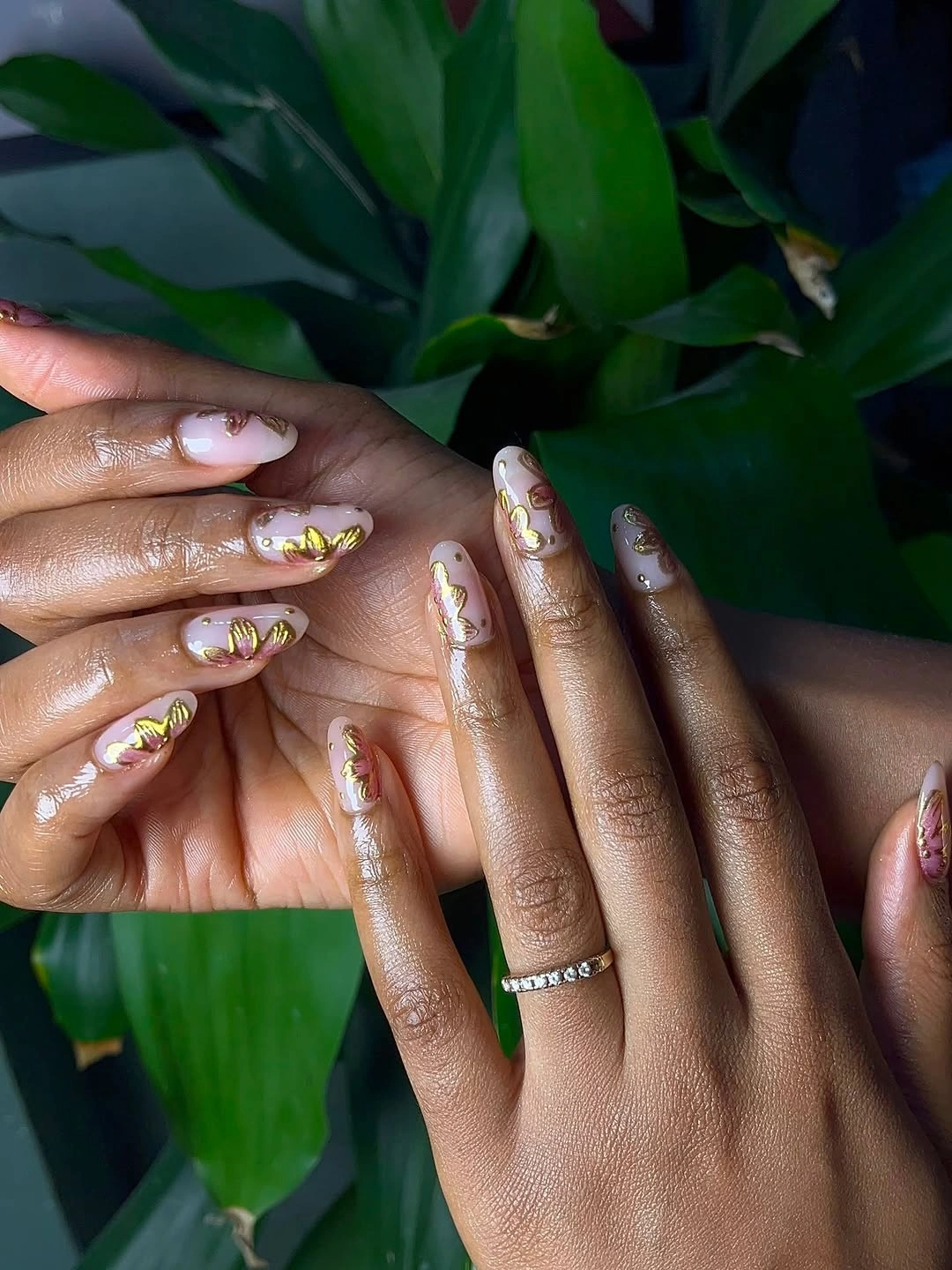 fall nails for brown skin tone Sheer Nude Nails With Golden Butterfly Details