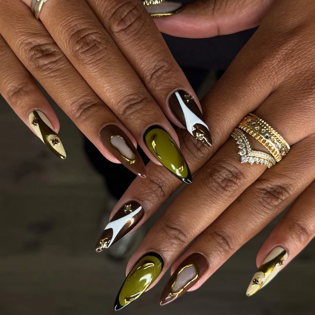 fall nails for brown skin tone Olive Green And Chocolate Almond Nail Art