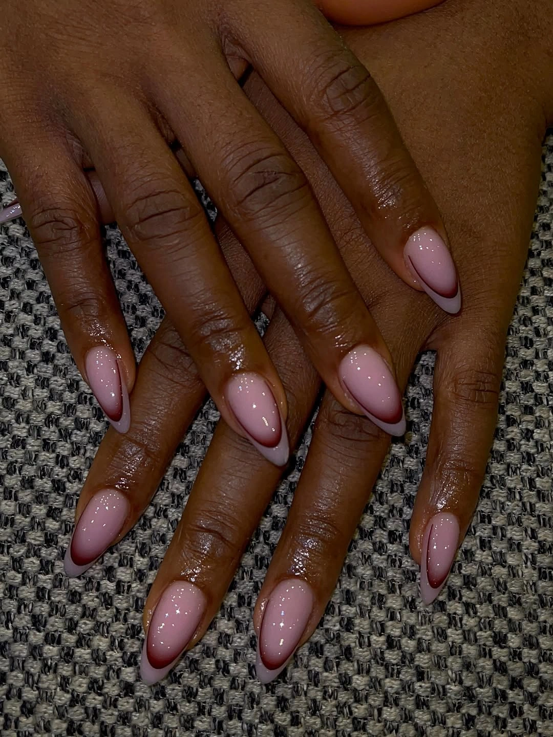 fall nails for brown skin tone Soft Blush Nails With Burgundy French Tips