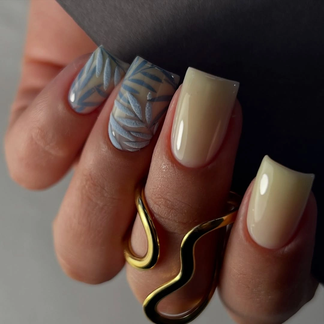 fall nails for fair skin tone Cream Blue Leaf Nails