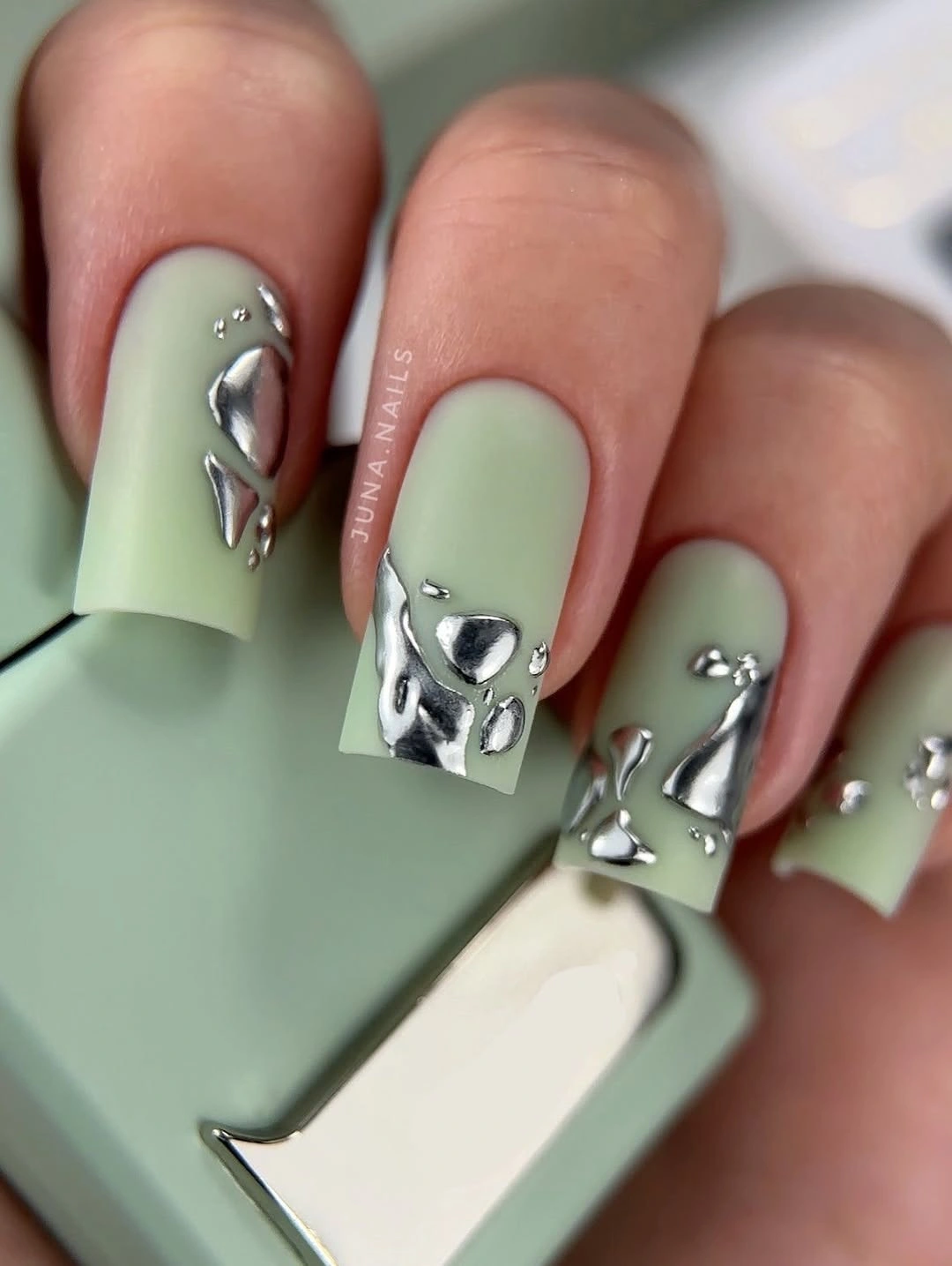 fall nails for fair skin tone Sage Green Chrome Nails