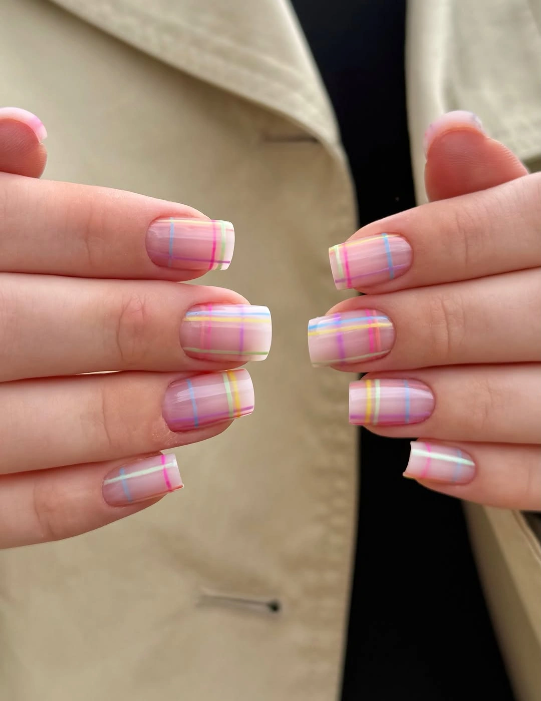 fall nails for fair skin tones 2026 Pastel Plaid Square Nails