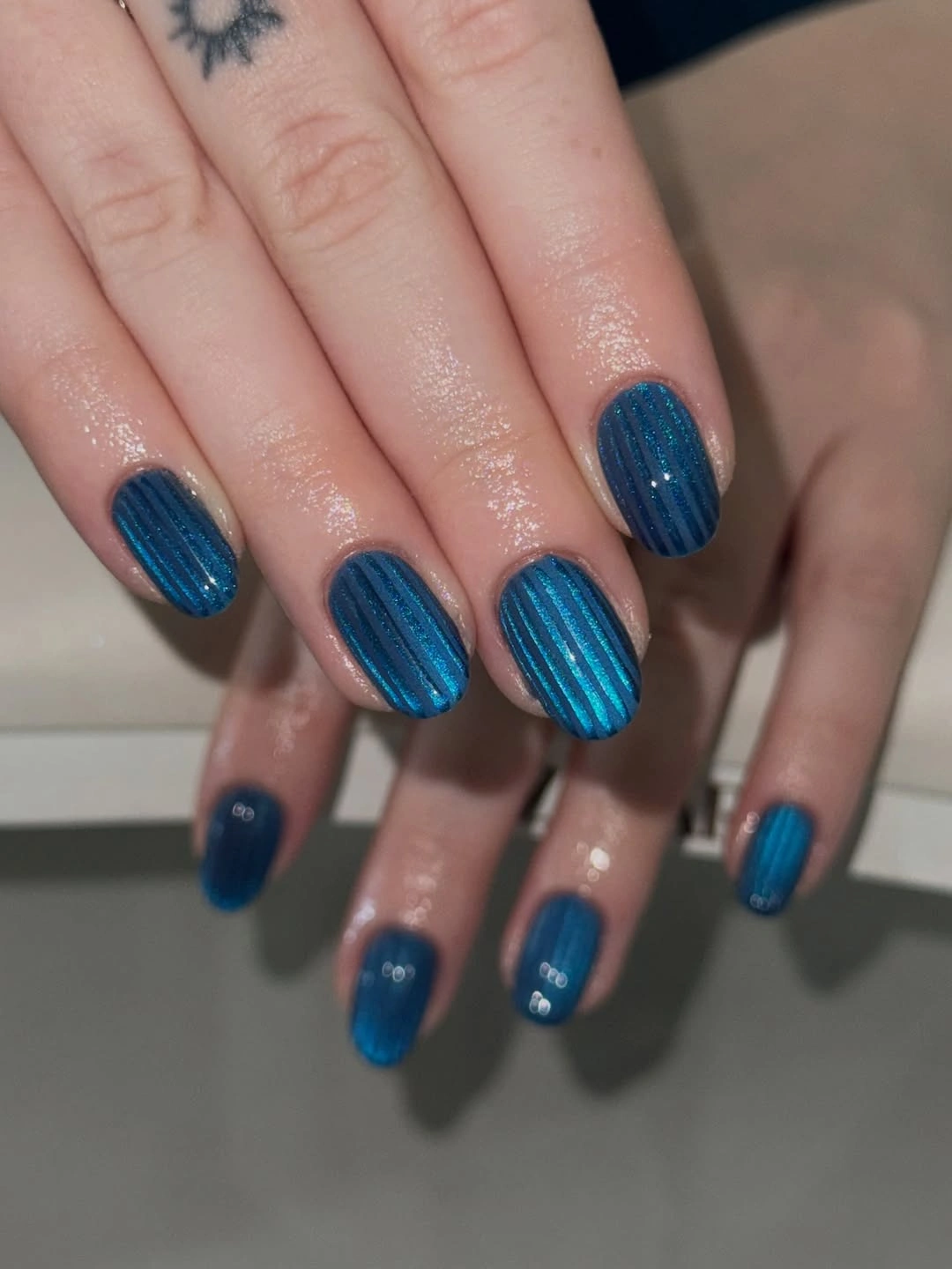fall nails for fair skin tones 2026 Midnight Teal Striped Nails