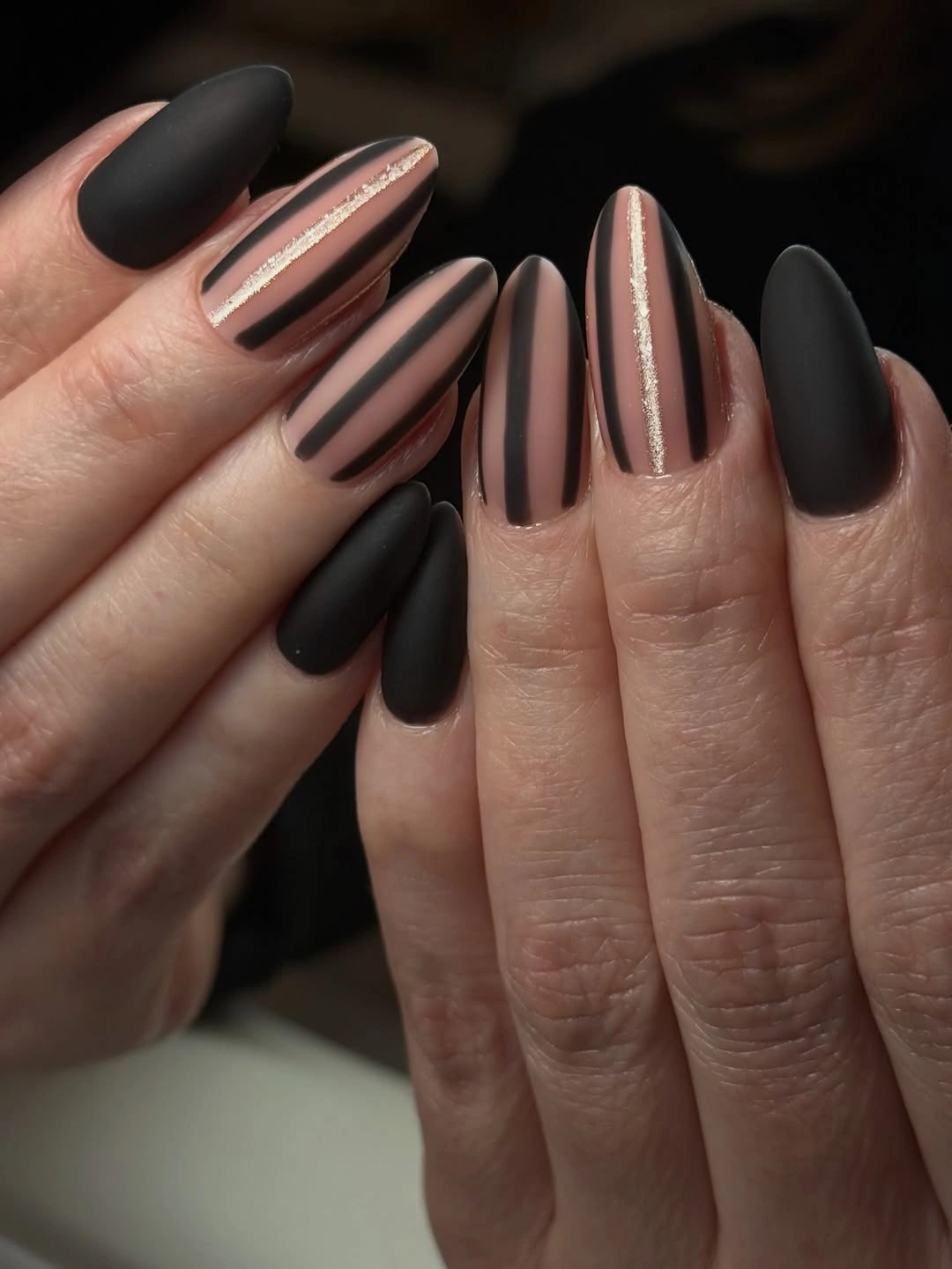 fall nails for medium skin tone Matte Black And Nude Striped Nails