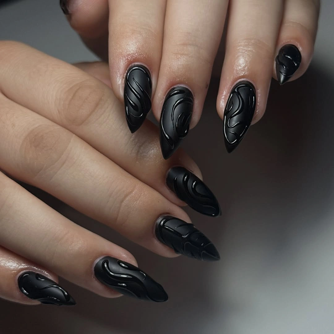 fall nails for medium skin tone Glossy Black Embossed Nails