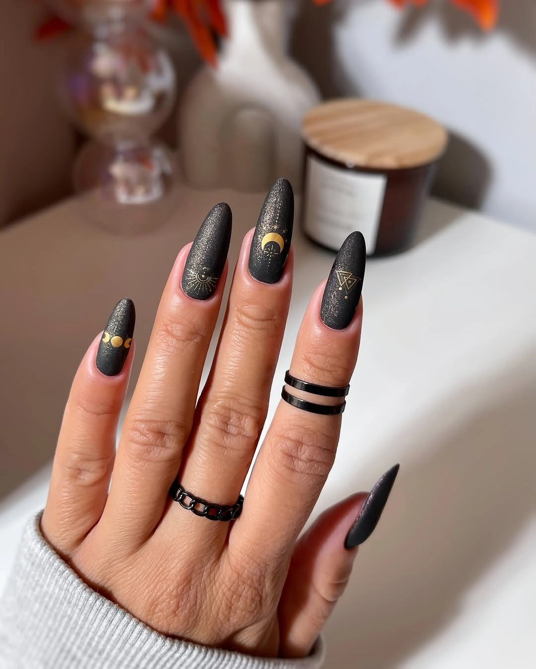 fall nails for medium skin tone Matte Black Celestial Almond Nails