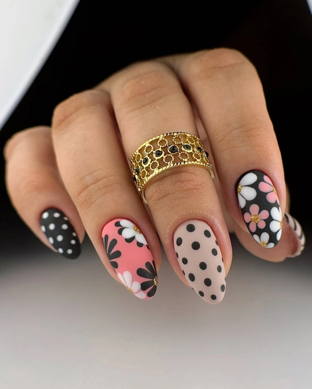 fall nails for medium skin tone Retro Floral And Polka Dot Almond Nails