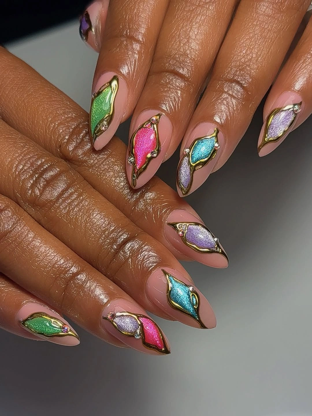 fall nails for medium skin tone Colorful Metallic Jewel Nails