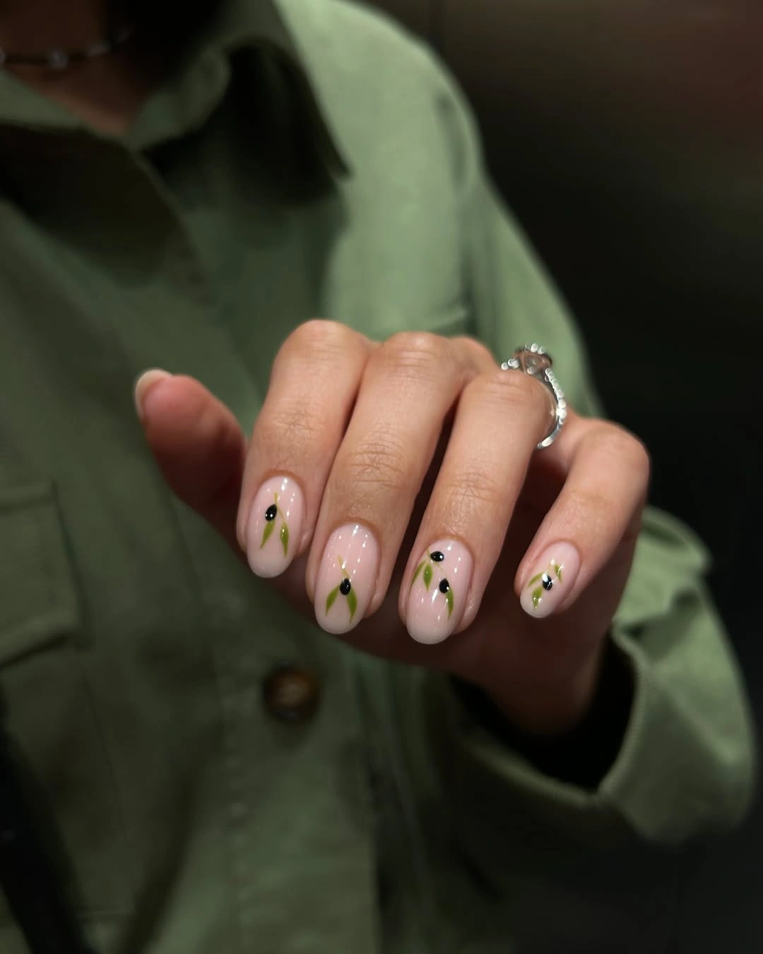 fall nails for olive skin tone 2026 Delicate Olive Branch Nails