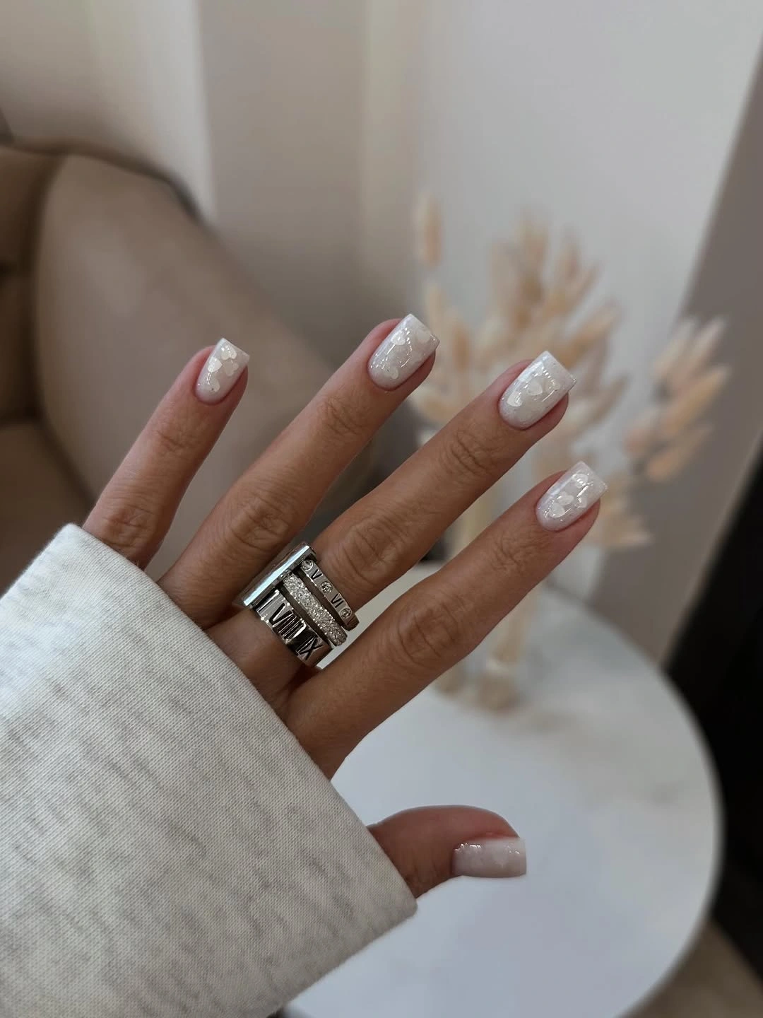 fall nails for olive skin tone 2026 Milky White Floral Square Nails