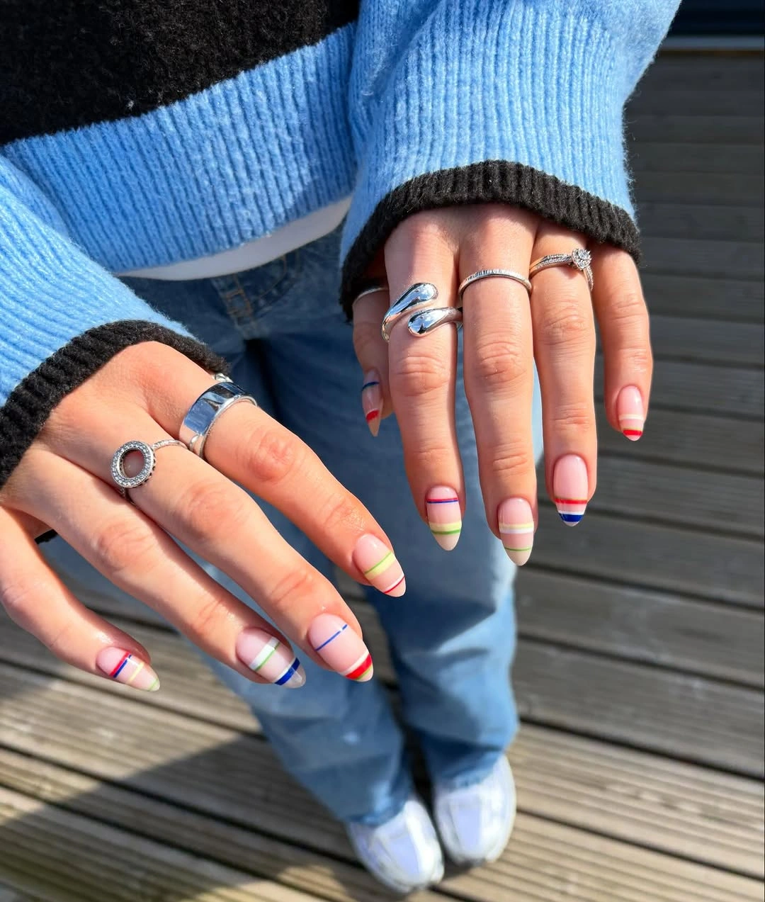 fall nails for olive skin tone 2026 Fine Rainbow Stripe Nails