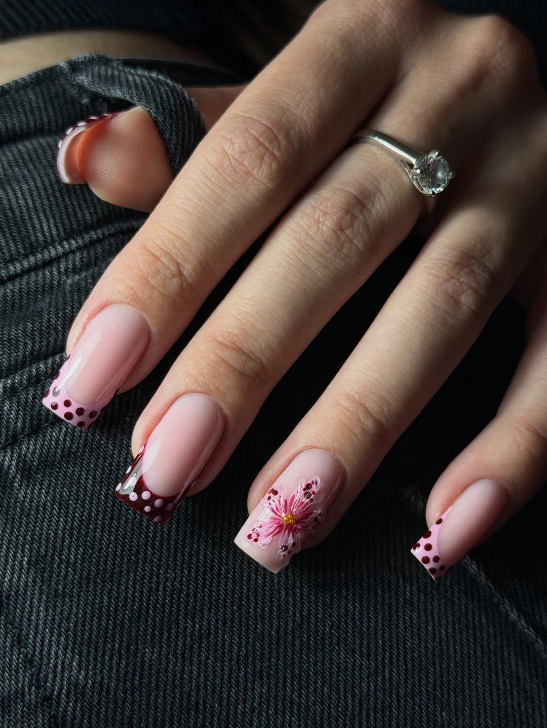 fall nails for olive skin tone 2026 Berry Floral French Nails