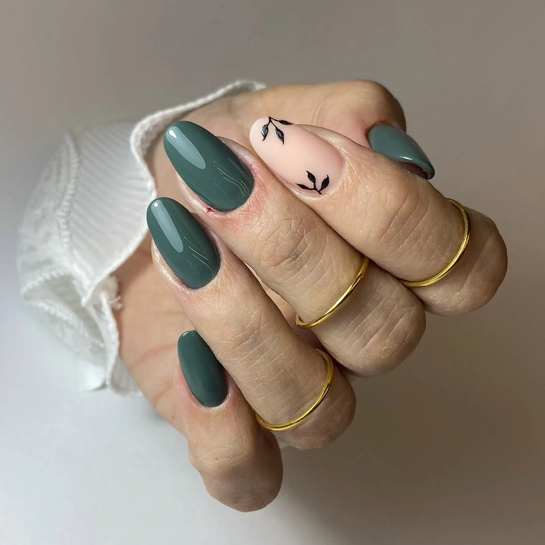 fall nails for olive skin tone 2026 Muted Sage Botanical Almond Nails