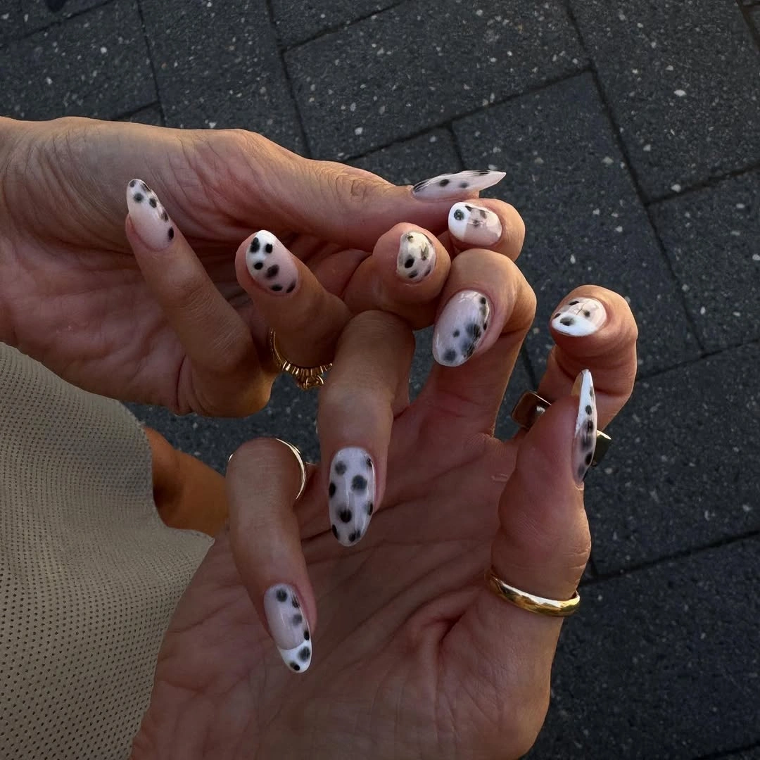 fall nails for olive skin tone 2026 Smoky Dalmatian Almond Nails
