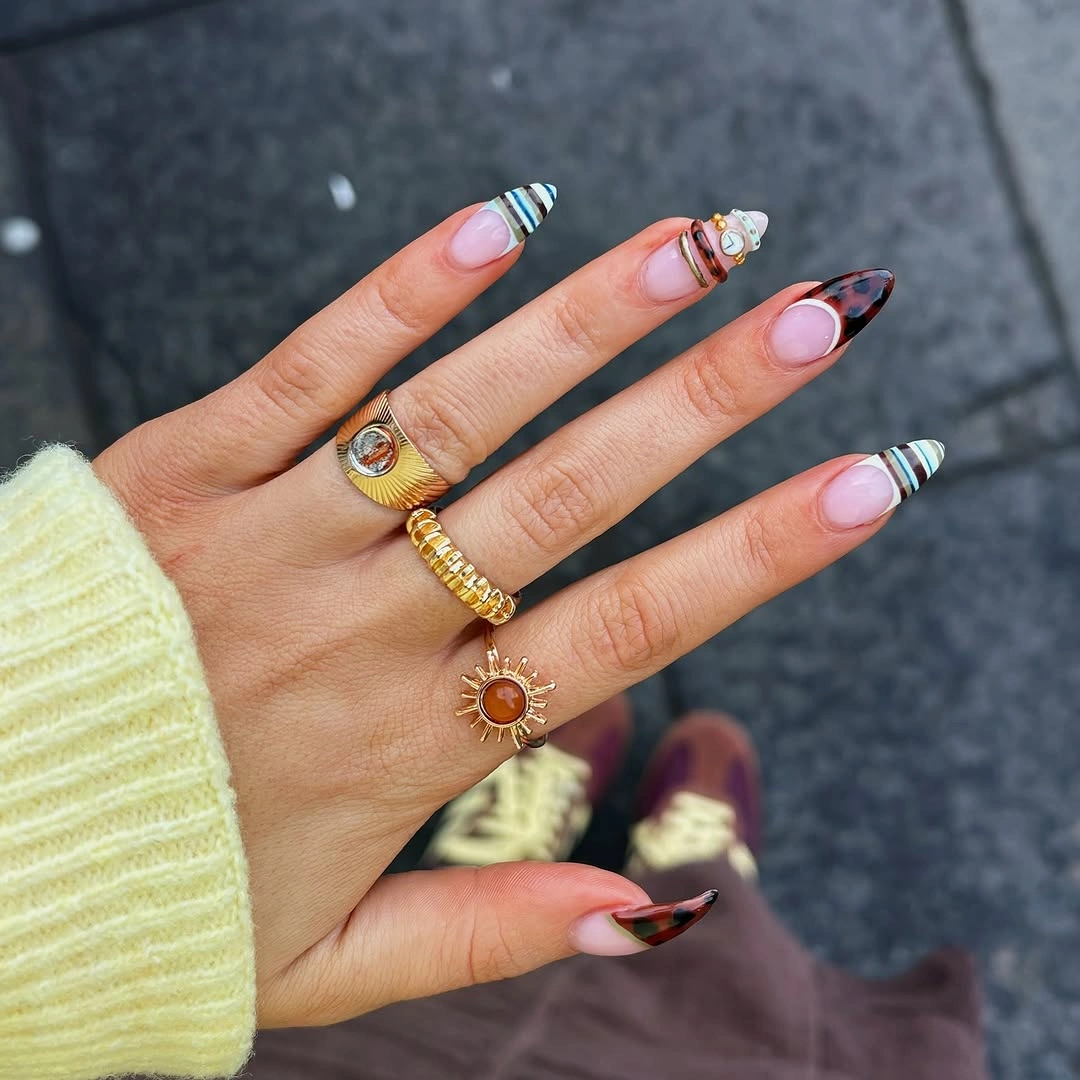 fall nails for olive skin tone 2026 Tortoiseshell Mixed French Nails