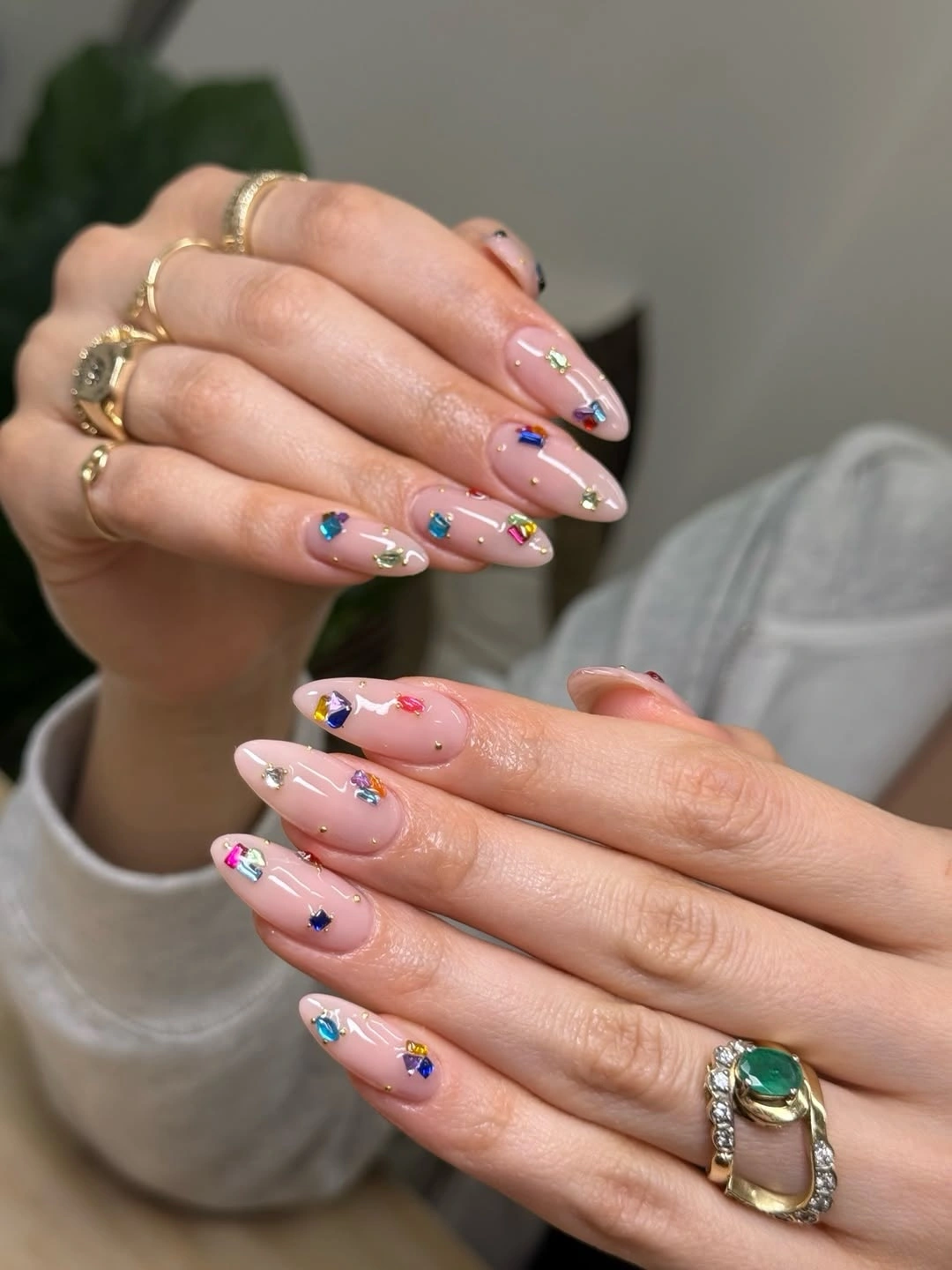 fall nails for olive skin tone 2026 Jeweled Nude Almond Nails
